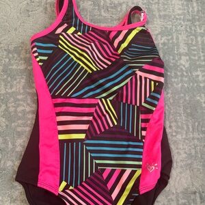 Justice Pink and Multicolor Striped Kids Swim One Piece